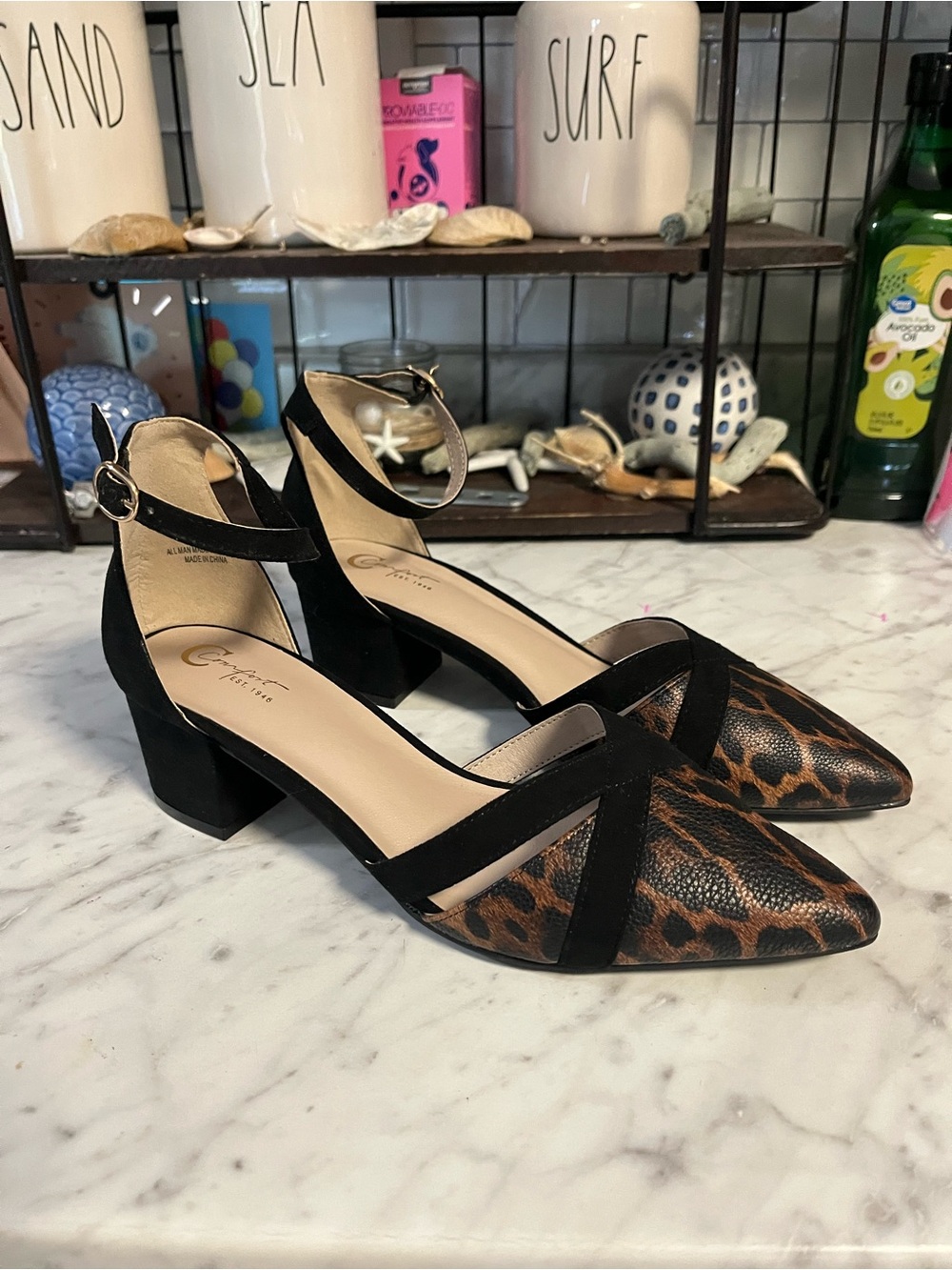 Leopard Print Pointed Block Heel with Black Straps NWOT size 8
